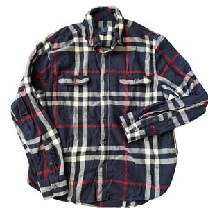 George Mens L Plaid Flannel Button Down Shirt Long‎ Sleeve Blue Red Soft Utility